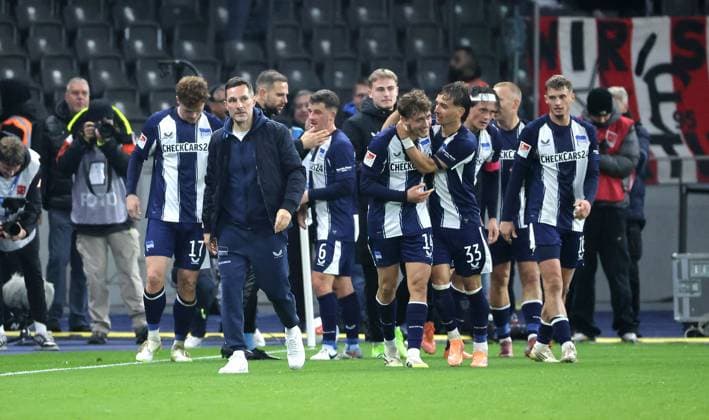Maurice Krattenmacher cheers after 1 0 joy emotion jubilation Sport Football Soccer DFL 2 Bundesliga Men 10 Matchday Season 2025 2026 25 10 2025 Hertha BSC Berlin vs Fortuna Düsseldorf DFL regulations prohibit any use of photographs as image sequences and or quasi video