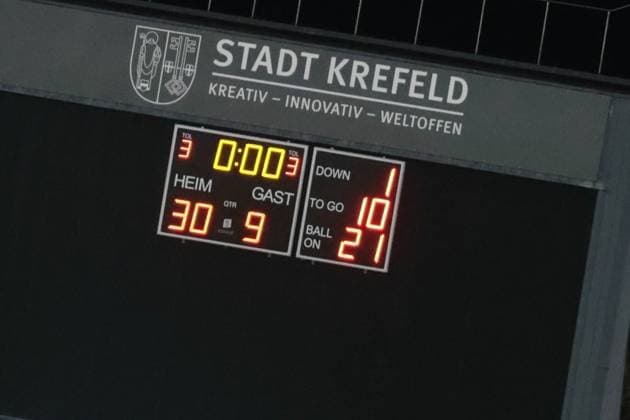 AMERICAN FOOTBALL - IFAF EC, GER vs AUT KREFELD,GERMANY,25.OCT.25 - AMERICAN FOOTBALL - IFAF European Championship, EM, Europameisterschaft Germany vs Austria. Image shows the final scoreboard.  GEPAxpictures xDavidxBitzan