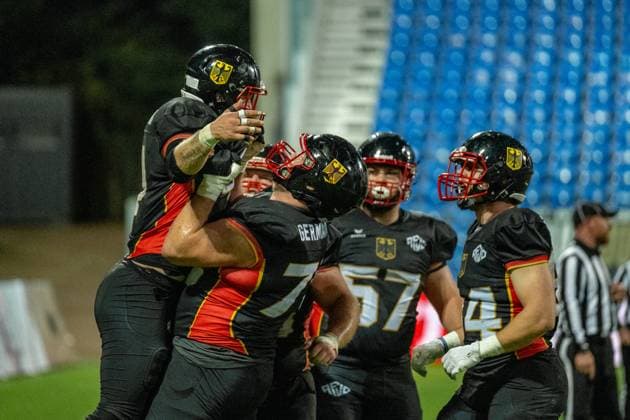 celebration of the german national team, Nationalteam Team Austria vs Team Germany, American Football, European Championship, EM, Europameisterschaft Semifinal, Season 2025, 25.10.2025, Krefeld Grotenburg Stadion Germany Copyright: xFootxBowl JUSTxSHOTSx