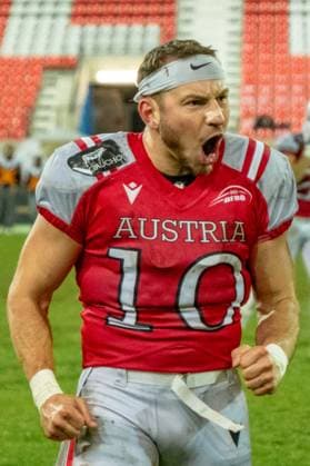 Philipp Haun (Team Austria, 10) shouting after win, Team Austria vs Team Germany, American Football, European Championship, EM, Europameisterschaft Semifinal, Season 2025, 25.10.2025, Krefeld Grotenburg Stadion Germany Copyright: xFootxBowl JUSTxSHOTSx