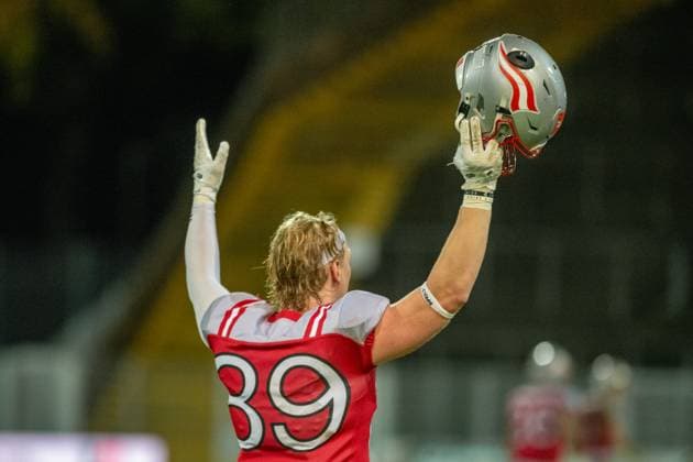 Florian Bierbaumer (Team Austria, 89) celebrating and cheering, Team Austria vs Team Germany, American Football, European Championship, EM, Europameisterschaft Semifinal, Season 2025, 25.10.2025, Krefeld Grotenburg Stadion Germany Copyright: xFootxBowl JUSTxSHOTSx