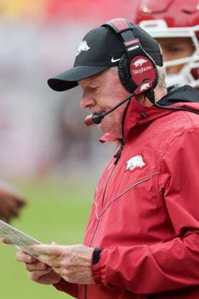 October 25, 2025: Bobby Petrino Interim Head Coach for Arkansas communicates with the coaches up in the box during the game. Auburn defeated Arkansas 33-24 in Fayetteville, AR. CSM Fayetteville USA - ZUMAcm9_ 20251025_faf_cm9_065 Copyright: xRicheyxMillerx
