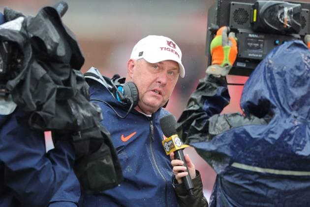 October 25, 2025: Tigers Head Coach Hugh Freeze is interviewed by the SEC ESPN crew between quarters. .Auburn defeated Arkansas 33-24 in Fayetteville, AR. CSM Fayetteville USA - ZUMAcm9_ 20251025_faf_cm9_105 Copyright: xRicheyxMillerx