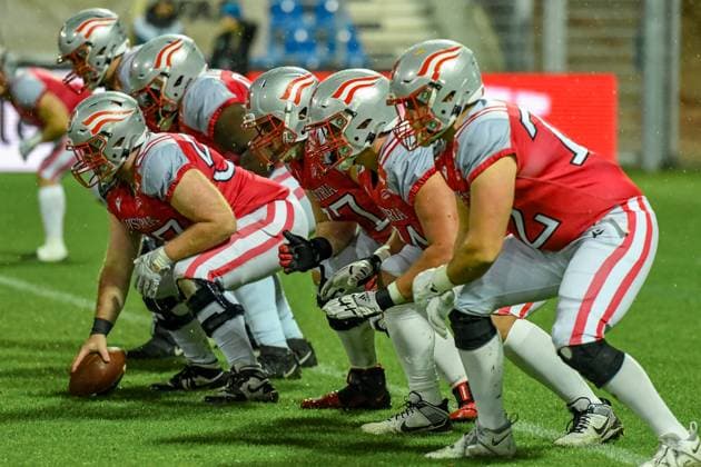 O-Line of Team Austria, Team Austria vs Team Germany, American Football, European Championship, EM, Europameisterschaft Semifinal, Season 2025, 25.10.2025, Krefeld Grotenburg Stadion Germany Copyright: xFootxBowl JUSTxSHOTSx