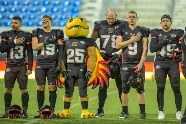 Marvin Rutsch (Team Germany, 13), Nico Strahmann (Team Germany, 19), Florian Finke (Team Germany, 09), Chris Noak (Team Germany, 49), Team Austria vs Team Germany, American Football, European Championship, EM, Europameisterschaft Semifinal, Season 2025, 25.10.2025, Krefeld Grotenburg Stadion Germany Copyright: xFootxBowl JUSTxSHOTSx