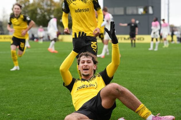Sunday, 26 10 2025 Season 2025 2026 10 Matchday U19 DFB Youth League at BVB Football Park Hohenbuschei, Dortmund, Germany BV Borussia Dortmund U19 SV Bayer 04 Leverkusen U19 Goal celebration after the 1 0 by Taycan Macid Etcibasi BVB