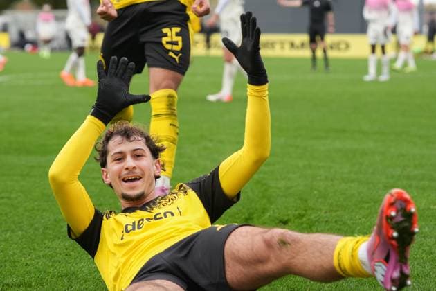Sunday, 26 10 2025 Season 2025 2026 10 Matchday U19 DFB Youth League at BVB Football Park Hohenbuschei, Dortmund, Germany BV Borussia Dortmund U19 SV Bayer 04 Leverkusen U19 Goal celebration after the 1 0 by Taycan Macid Etcibasi BVB
