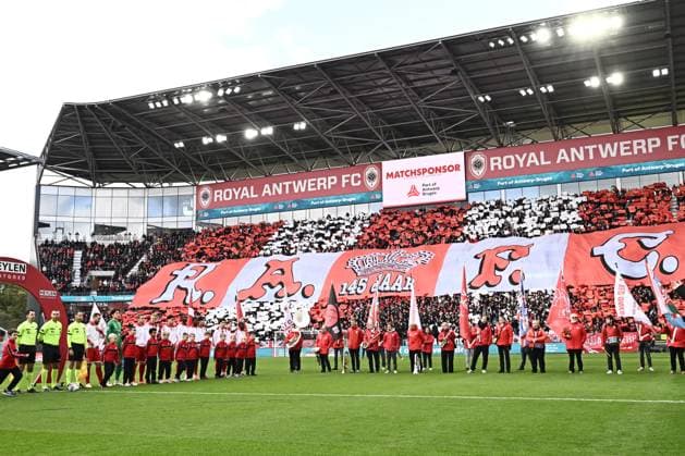 An Antwerp tifo pictured before a soccer match between Royal Antwerp FC and Club Brugge, Sunday 26 October 2025 in Antwerp, on day 12 of the 2025-2026 Jupiler Pro League first division of the Belgian championship. MAARTENxSTRAETEMANS  x138002719x