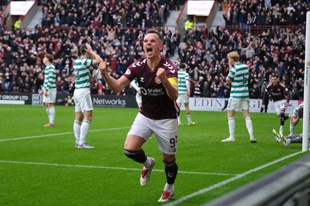 UK: Heart of Midlothian v Celtic, Scottish Premiership at Tynecastle Park, Edinburgh, Scotland on 26 October 2025: Pictured: Lawrence Shankland (Hearts) celebrates after his cross was turned home for an own-goal by Dane Murray (Celtic) to make it 1-0 Edinburgh Tynecastle Park Scotland Copyright: xAlexxToddx
