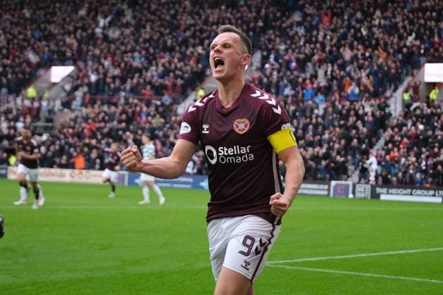 UK: Heart of Midlothian v Celtic, Scottish Premiership at Tynecastle Park, Edinburgh, Scotland on 26 October 2025: Pictured: Lawrence Shankland (Hearts) celebrates after his cross was turned home for an own-goal by Dane Murray (Celtic) to make it 1-0 Edinburgh Tynecastle Park Scotland Copyright: xAlexxToddx