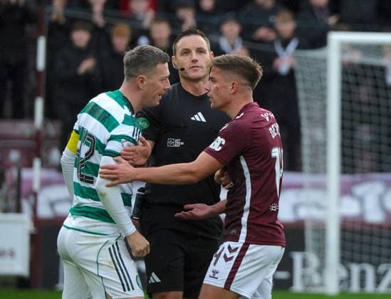 UK: Heart of Midlothian v Celtic, Scottish Premiership at Tynecastle Park, Edinburgh, Scotland on 26 October 2025: Pictured: Referee Steven McLean has to come between Callum McGregor (Celtic) and Cammy Devlin (Hearts) Edinburgh Tynecastle Park Scotland Copyright: xAlexxToddx