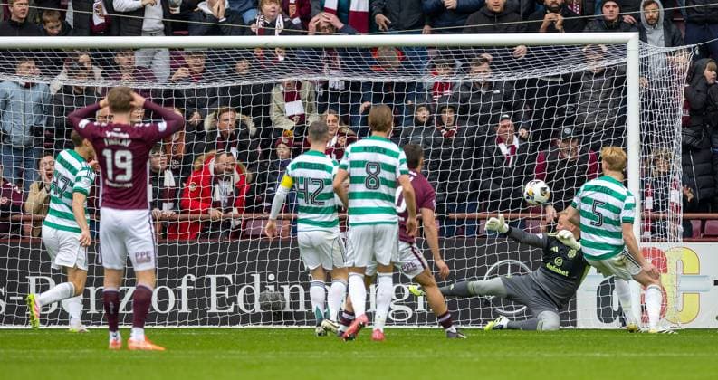 26th October 2025; Tynecastle Park, Edinburgh, Scotland: Scottish Premiership Football, Hearts versus Celtic; Dane Murray of Celtic deflects a Lawrence Shankland of Hearts cross past goalie Kasper Schmeichel of Celtic for an own goal to make it 1-0 to Hearts in the 8th minute  VagelisxGeogariou