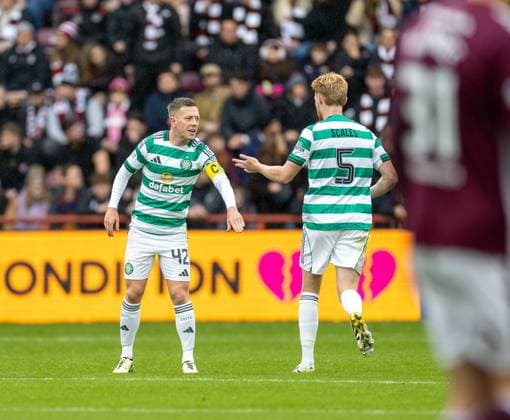 26th October 2025; Tynecastle Park, Edinburgh, Scotland: Scottish Premiership Football, Hearts versus Celtic; Callum McGregor of Celtic celebrates after he scored in the 12th minute to make it 1-1  VagelisxGeogariou