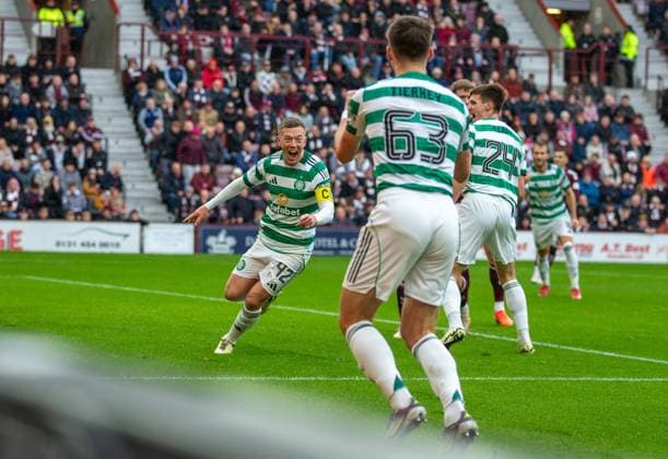 26th October 2025; Tynecastle Park, Edinburgh, Scotland: Scottish Premiership Football, Hearts versus Celtic; Callum McGregor of Celtic celebrates after he scored in the 12th minute to make it 1-1  VagelisxGeogariou
