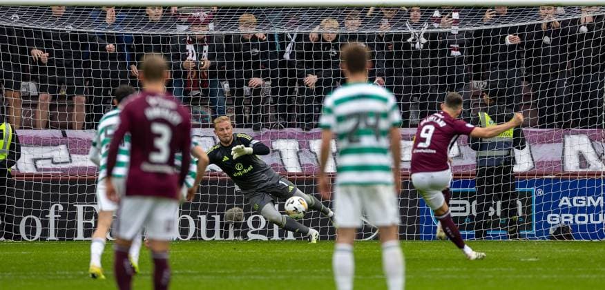 26th October 2025; Tynecastle Park, Edinburgh, Scotland: Scottish Premiership Football, Hearts versus Celtic; Lawrence Shankland of Heart of Midlothian shoots and scores from a penalty kick in the 56th minute to make it 3-1  VagelisxGeogariou