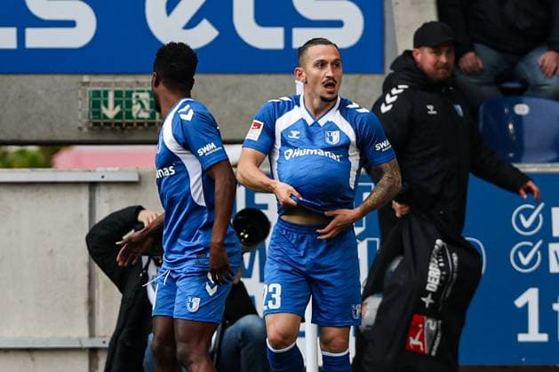 Goal celebration Goal scorer Baris Atik 1 FC Magdeburg,23 scores to 1 0, the goal is not given because of offside 2 Soccer Bundesliga season 2025 2026 1 FC Magdeburg vs Preussen Münster at the Avnet Arena in Magdeburg Action,Soccer,Man,Men,Germany,26 10 2025