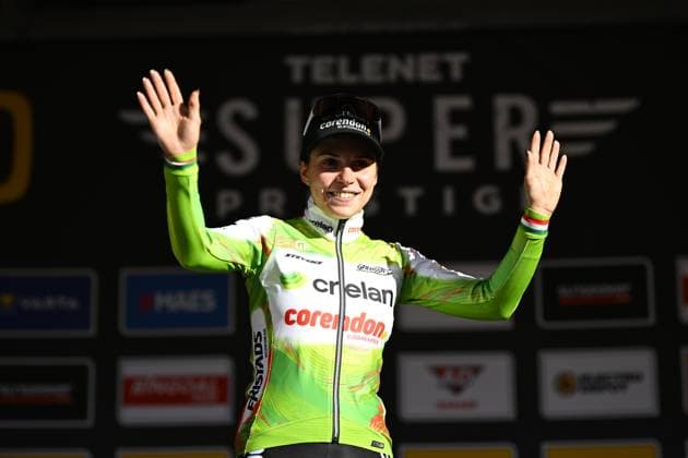 Italian Sara Casasola celebrates on the podium after winning the women s elite race of the Superprestige race of Overijse, stage 2 (out of 8) in the Superprestige cyclocross competition, in Overijse, Sunday 26 October 2025. JASPERxJACOBS  x138008405x
