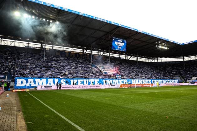 Choreo in the fan block of 1 FC Magdeburg for the deceased FCM fan Hannes 2 Fußball Bundesliga Saison 2025 2026 1 FC Magdeburg vs Preussen Münster in the Avnet Arena in Magdeburg Fußball,Mann,Männer,Deutschland,26 10 2025