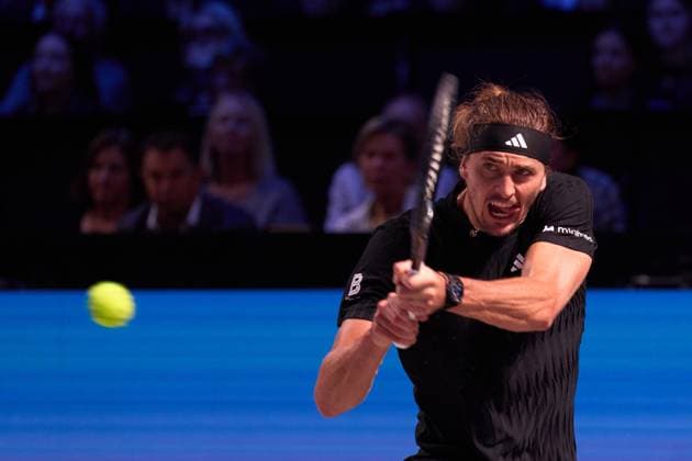 Alexander Zverev of Germany returns a backhand to Jannik Sinner of Italy during the finals match at Erste Bank Open 2025 at Wiener Stadthalle on October 26, 2025 in Vienna, Austria. (Photo by Camilla Stolen, Imago) Vienna Austria Copyright: xCamillaxStolenx L1077157