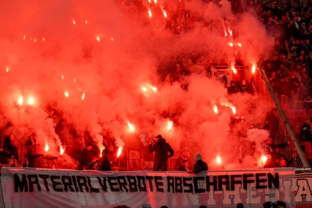 Germany, Leverkusen, Europe Guest fans of SC Freiburg with pyrotechnics and banner abolish material bans in the away block of the BayArena at the Bundesliga match against Bayer 04 Leverkusen, 8 matchday 2025 26 fans, protest, atmosphere, security, pyrotechnics, Bundesliga, football Leverkusen North Rhine-Westphalia Germany Copyright: xJOERANxSTEINSIEKx