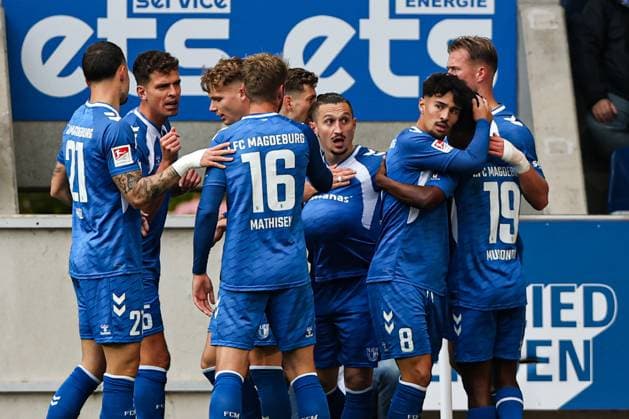 Goal celebration Goal scorer Baris Atik 1 FC Magdeburg,23 scores to 1 0, the goal is not given because of offside 2 Soccer Bundesliga season 2025 2026 1 FC Magdeburg vs Preussen Münster at the Avnet Arena in Magdeburg Action,Soccer,Man,Men,Germany,26 10 2025