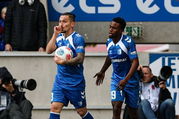 Goal celebration Goal scorer Baris Atik 1 FC Magdeburg,23 scores to 1 0, the goal is not given because of offside 2 Soccer Bundesliga season 2025 2026 1 FC Magdeburg vs Preussen Münster at the Avnet Arena in Magdeburg Action,Soccer,Man,Men,Germany,26 10 2025