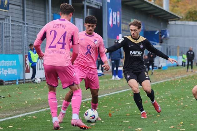 v li in duel 24 ,Ayoube Amaimouni Echghouyab TSG Hoffenheim II, 7 , Mika Clausen FC Erzgebirge Aue, 8 GER, TSG 1899 Hoffenheim II vs FC Erzgebirge Aue, Football, 3 Liga, Matchday 12, Season 2025 2026, 26 10 2025 DFL DFB REGULATIONS PROHIBIT ANY USE OF PHOTOGRAPHS as IMAGE SEQUENCES and or QUASI VIDEO GER,TSG 1899 Hoffenheim II vs FC Erzgebirge Aue, Football, 3 Liga, Matchday 12, Season 2025 2026, 26 10 2025 Hoffenheim Copyright: xEibner-Pressefoto JoergxHirschx EP_JHH