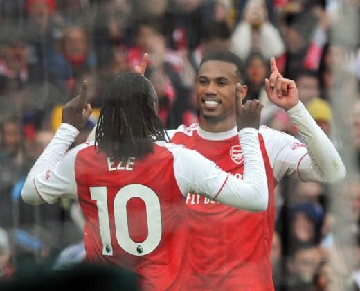 Football - 2025 2026 Premier League - Arsenal vs Crystal Palace - Emirates Stadium - Sunday 26th October 2025 Eberechi Eze - Arsenal celebrates his goal against his old club, with William Saliba 