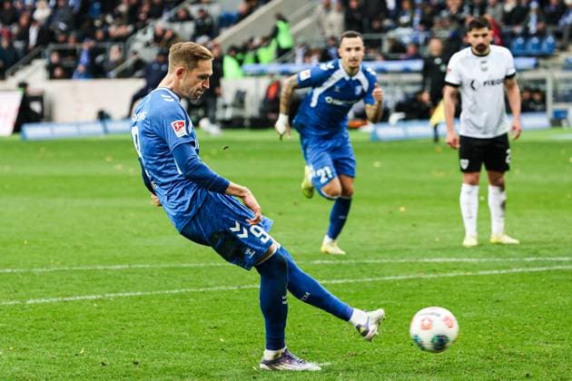 Scorer Maximilian Breunig 1 FC Magdeburg,9 scores from the penalty spot to make it 1 0 2 Soccer Bundesliga Season 2025 2026 1 FC Magdeburg vs Preussen Münster at the Avnet Arena in Magdeburg Action,Soccer,Man,Men,Germany,26 10 2025