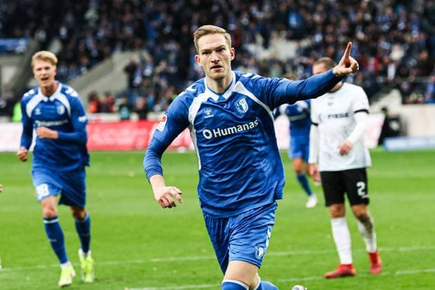 Goal celebration Goalscorer Maximilian Breunig 1 FC Magdeburg,9 scores from penalty kick to 1 0 2 Soccer Bundesliga Season 2025 2026 1 FC Magdeburg vs Preussen Münster at the Avnet Arena in Magdeburg Action,Soccer,Man,Men,Germany,26 10 2025