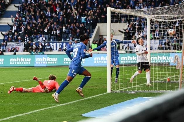 Goalscorer Rayan Ghrieb 1 FC Magdeburg,29 scores to 2 0 2 Soccer Bundesliga Season 2025 2026 1 FC Magdeburg vs Preussen Münster at the Avnet Arena in Magdeburg Action,Soccer,Man,Men,Germany,26 10 2025