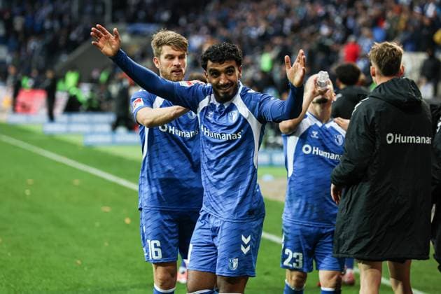 Goal celebration goal scorer Rayan Ghrieb 1 FC Magdeburg,29 scores to 2 0 2 Soccer Bundesliga season 2025 2026 1 FC Magdeburg vs Preussen Münster at the Avnet Arena in Magdeburg action,soccer,man,men,Germany,26 10 2025