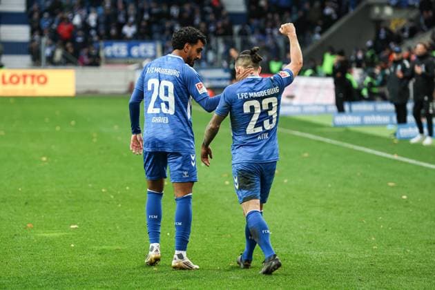 Goal celebration Goalscorer Rayan Ghrieb 1 FC Magdeburg,29 scores to 2 0 with Baris Atik 1 FC Magdeburg,23 2 Soccer Bundesliga Season 2025 2026 1 FC Magdeburg vs Preussen Münster at the Avnet Arena in Magdeburg Action,Soccer,Man,Men,Germany,26 10 2025
