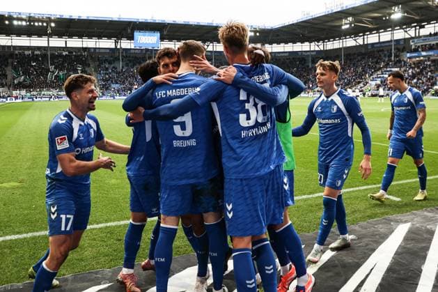 Goal celebration Goalscorer Maximilian Breunig 1 FC Magdeburg,9 scores from penalty kick to 1 0 2 Soccer Bundesliga Season 2025 2026 1 FC Magdeburg vs Preussen Münster at the Avnet Arena in Magdeburg Action,Soccer,Man,Men,Germany,26 10 2025
