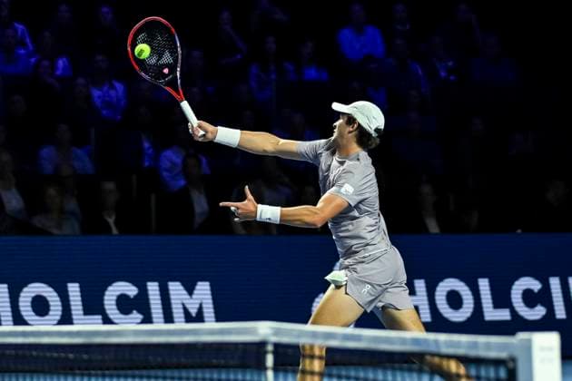 26th October 2025; St. Jakobshalle, Basel, Switzerland; 2025 ATP, Tennis Herren Swiss Indoor Tennis Final Day; Joao Fonseca (BRA) in action during the match against Alejandro Davidovich Fokina (ESP) in the final  DavidxEmm