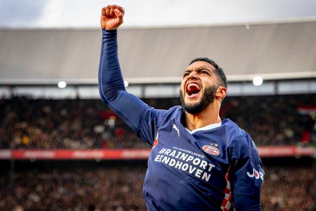 PSV Eindhoven midfielder Ismael Saibari celebrating the goal during the match SC Feyenoord Rotterdam vs PSV Eindhoven at the Stadium de Kuip for the Dutch Vriendenloterij Eredivisie season 2025-2026 in ROTTERDAM, Netherlands on 26 oktober 2025, (photo by Marcel van Dorst EYE4images DeFodi Images) PSV Eindhoven midfielder Ismael Saibari celebrating the goal during the match SC Feyenoord Rotterdam vs PSV Eindhoven at the Stadium de Kuip for the Dutch Vriendenloterij Eredivisie season 2025 2026 in ROTTERDAM, Netherlands on 26 oktober 2025, photo by Marcel van Dorst EYE4images DeFodi Images