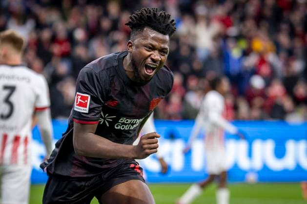 LEVERKUSEN, GERMANY - OCTOBER 26: Edmond Tapsoba (Bayer 04 Leverkusen, 12) celebrates his 2:0 goal during the Bundesliga match (gameday 8) between Bayer 04 Leverkusen vs. SC Freiburg at BayArena on October 26, 2025 in Leverkusen, Germany. (Photo by Axel Kohring Beautiful Sports) DFL REGULATIONS PROHIBIT ANY USE OF PHOTOGRAPHS AS IMAGE SEQUENCES AND OR QUASI-VIDEO. Nordrhein-Westfalen Germany Copyright: xBEAUTIFULxSPORTS AxelxKohringx