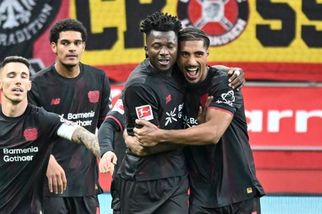 Edmond Tapsoba Leverkusen 12 celebrates after scoring 2 0 with dLoic Bade Leverkusen 5 26 10 2025 Soccer Bayer Leverkusen vs SC Freiburg, BayArena, Leverkusen, DFB DFL REGULATIONS PROHIBIT ANY USE OF PHOTOGRAPHS AS IMAGE SEQUENCES AND OR QUASI VIDEO Copyright: xpepphotox xHorstxMauelshagenx pep00321, pep_20251026_hm_179316