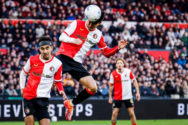 Inbeom Hwang of Feyenoord Rotterdam heads the ball Feyenoord Rotterdam v PSV Eindhoven, Eredivisie, Feyenoord Rotterdam v PSV Eindhoven, De Kuip, October 26, 2025, Rotterdam, Netherlands.