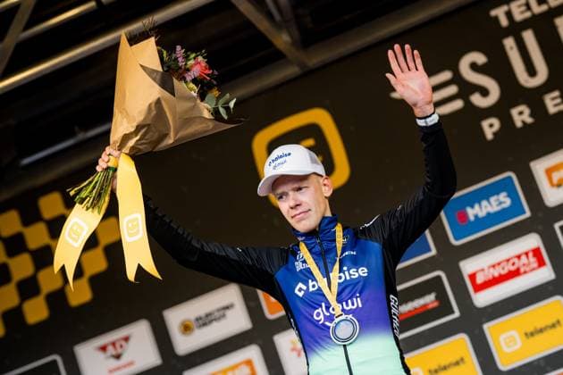 Dutch Pim Ronhaar pictured on the podium after the men s elite race of the Superprestige race of Overijse, stage 2 (out of 8) in the Superprestige cyclocross competition, in Overijse, Sunday 26 October 2025. JASPERxJACOBS  x138019454x