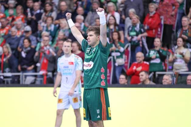 26 10 2025, xgox, Handball Daikin HBL, TSV Hannover Burgdorf SC Magdeburg emspor, v l Renars Uscins Hannover, 10 Jubel, Torjubel, jubelt ueber das Tor, celebrate the goal, celebration Hannover