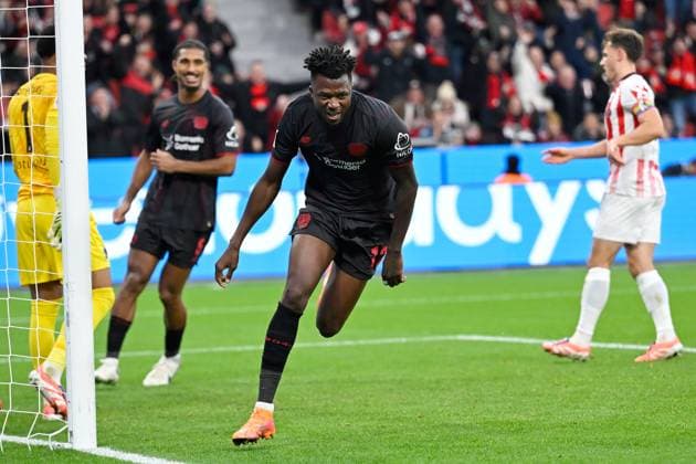 Leverkusen, Bayarena, 26 10 25, GER, Herren, 1 Bundesliga, Saison 2025 2026, Bayer 04 Leverkusen SC Freiburg Bild Edmond TAPSOBA Leverkusen jubilates after his goal for 2 0 Only for editorial use DFL regulations prohibit any use of photographs as image sequences and or quasi video Nordrhein Westfalen Germany