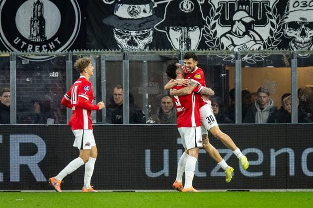 ALKMAAR , 26-10-2025 , AFAS Stadium , season 2025 2026 , Dutch Eredivisie football , match between AZ and FC Utrecht , Picture shows goal celebration (2-0) by AZ speler Troy Parrott and AZ player Denso Kasius (right) AZ - Utrecht  x31701624x Copyright: