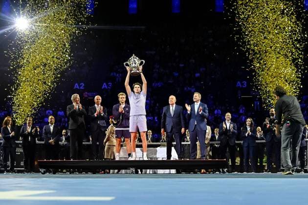26th October 2025; St. Jakobshalle, Basel, Switzerland; 2025 ATP, Tennis Herren Swiss Indoor Tennis Final Day; Joao Fonseca (BRA) lifts the trophy after winning the match against Alejandro Davidovich Fokina (ESP) in the final  DavidxEmm