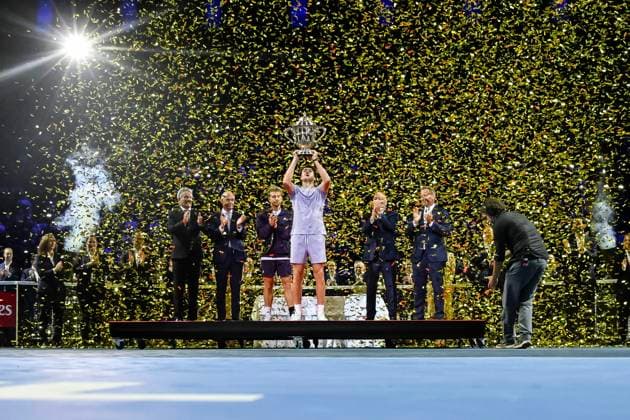 26th October 2025; St. Jakobshalle, Basel, Switzerland; 2025 ATP, Tennis Herren Swiss Indoor Tennis Final Day; Joao Fonseca (BRA) lifts the trophy after winning the match against Alejandro Davidovich Fokina (ESP) in the final  DavidxEmm