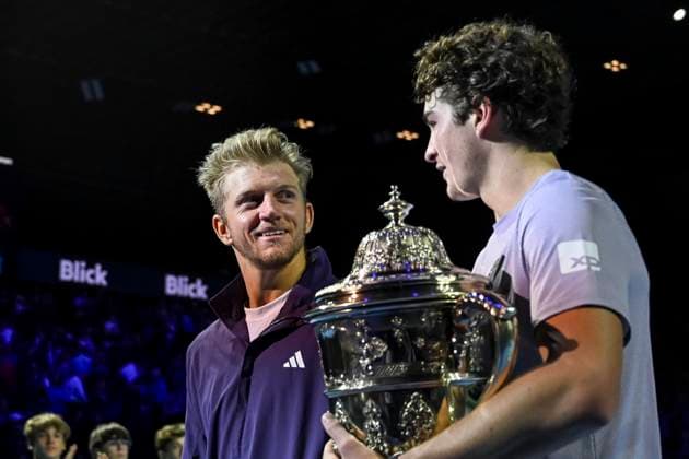 26th October 2025; St. Jakobshalle, Basel, Switzerland; 2025 ATP, Tennis Herren Swiss Indoor Tennis Final Day; Joao Fonseca (BRA) and Alejandro Davidovich Fokina (ESP) with their trophies after the final  DavidxEmm