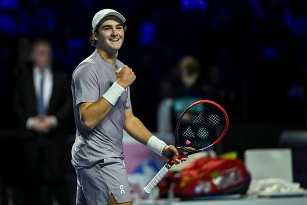 26th October 2025; St. Jakobshalle, Basel, Switzerland; 2025 ATP, Tennis Herren Swiss Indoor Tennis Final Day; Joao Fonseca (BRA) reacts after winning the match against Alejandro Davidovich Fokina (ESP) in the final  DavidxEmm