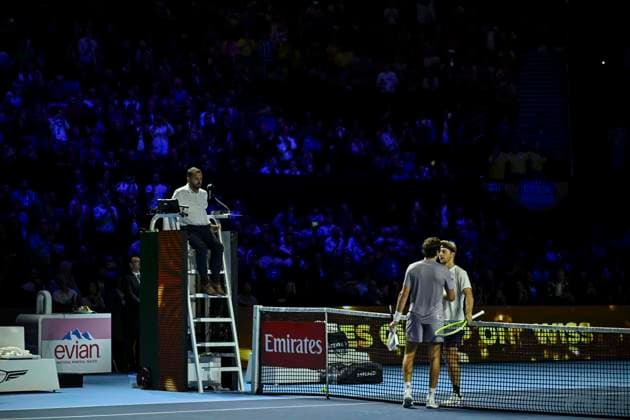 26th October 2025; St. Jakobshalle, Basel, Switzerland; 2025 ATP, Tennis Herren Swiss Indoor Tennis Final Day; Joao Fonseca (BRA) shakes hands with Alejandro Davidovich Fokina (ESP) after winning the final  DavidxEmm