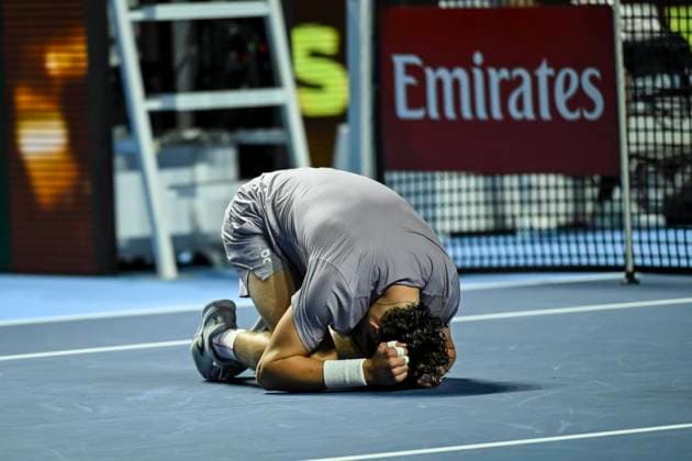 26th October 2025; St. Jakobshalle, Basel, Switzerland; 2025 ATP, Tennis Herren Swiss Indoor Tennis Final Day; Joao Fonseca (BRA) reacts after winning the match against Alejandro Davidovich Fokina (ESP) in the final  DavidxEmm