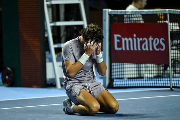Sport Bilder des Tages 26th October 2025; St. Jakobshalle, Basel, Switzerland; 2025 ATP, Tennis Herren Swiss Indoor Tennis Final Day; Joao Fonseca (BRA) reacts after winning the match against Alejandro Davidovich Fokina (ESP) in the final  DavidxEmm